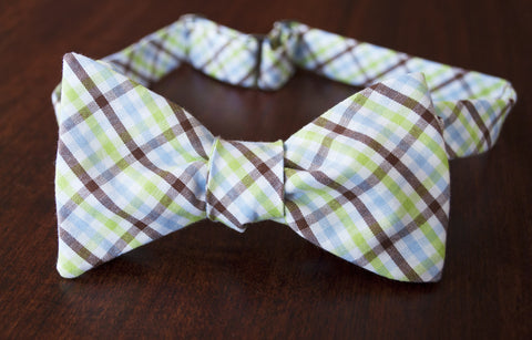Brown blue and green check bow tie