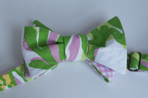 Designer Green, Pink & White Pique Bow Tie