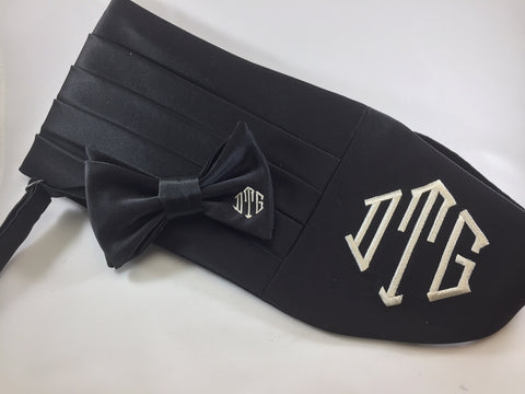 Formal Black with Embroidered Monogram Bow Tie and Cummerbund Set