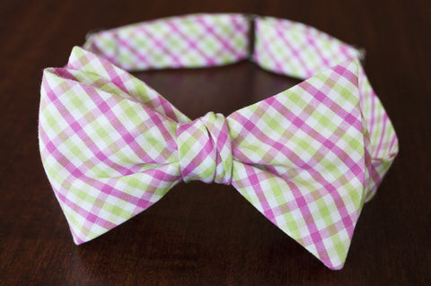 pink and green check bow tie